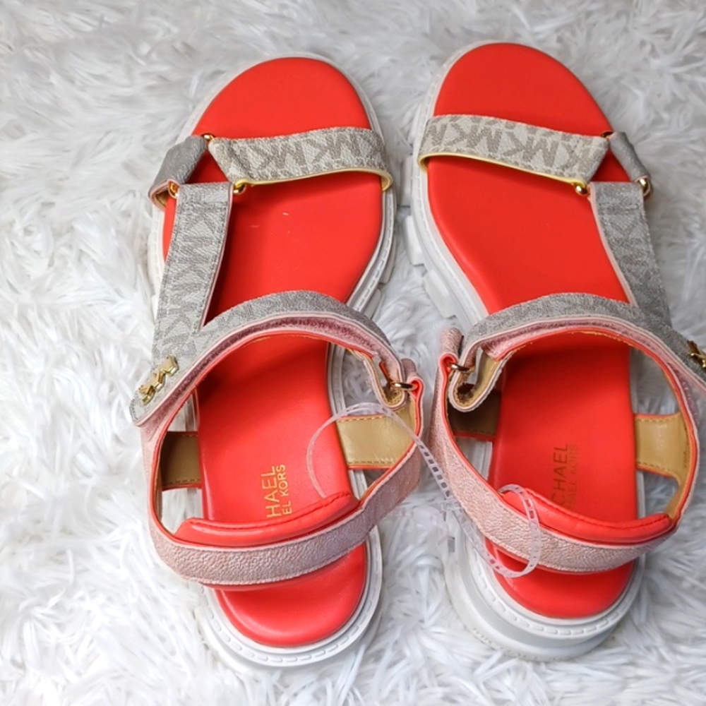 Michael Kors Pink & Tan MK Logo Flat Lug Chunky Sole Sandals SZ 7.5 New - Picture 9 of 17